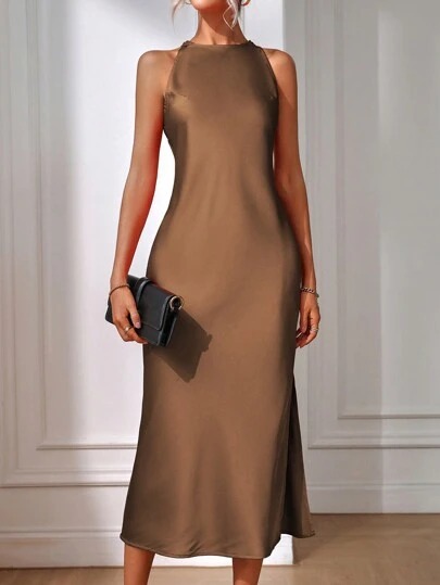 Gaun Midi Satin Elegan Tanpa L - Italy Fashion Street ulasan dan harga